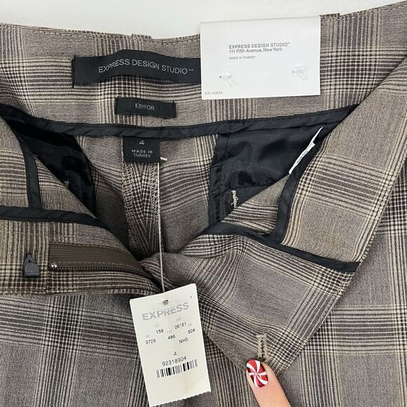 Express Editor Flare Leg Trouser Low Rise Sexy Waist Plaid NEW Size 4 Tan Brown - Picture 6 of 11